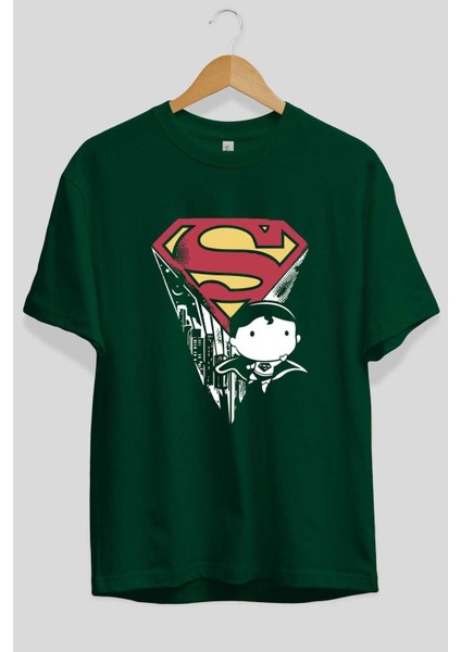 Superman Ön Baskılı Zümrüt Yeşili Oversize T-Shirt Bisiklet Yaka Pamuk Erkek Kadın