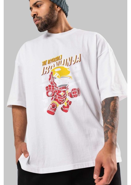 Iron Ninja Ön Baskılı Beyaz Oversize T-Shirt Bisiklet Yaka Erkek Kadın modelleri