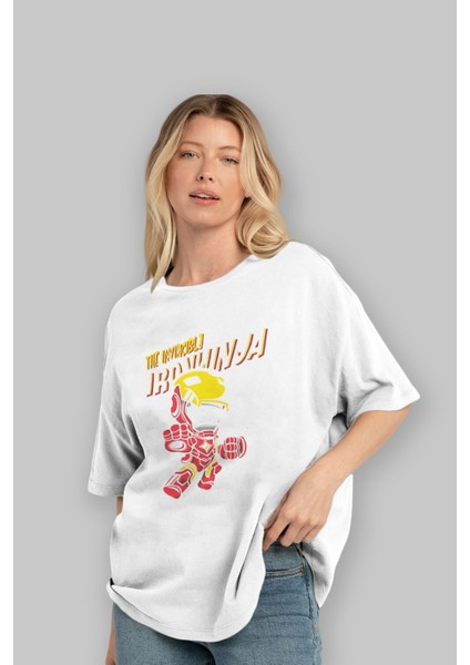 Iron Ninja Ön Baskılı Beyaz Oversize T-Shirt Bisiklet Yaka Erkek Kadın fırsatları