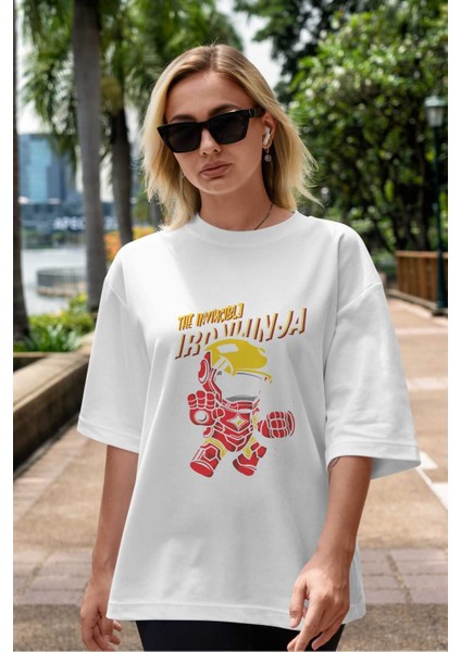 Iron Ninja Ön Baskılı Beyaz Oversize T-Shirt Bisiklet Yaka Erkek Kadın indirimleri