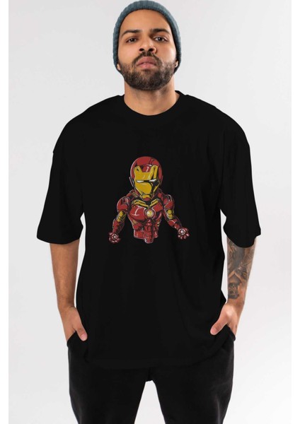 Iron Man Ön Baskılı Siyah Oversize T-Shirt Bisiklet Yaka Erkek Kadın