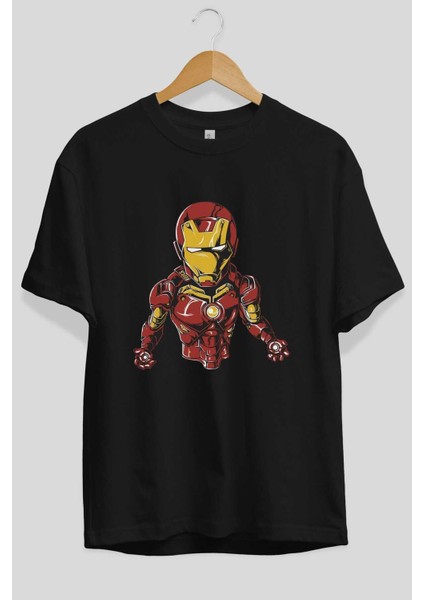 Iron Man Ön Baskılı Siyah Oversize T-Shirt Bisiklet Yaka Erkek Kadın