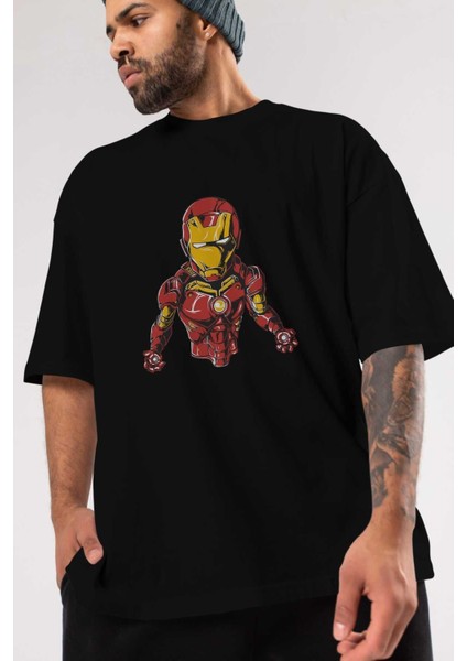 Iron Man Ön Baskılı Siyah Oversize T-Shirt Bisiklet Yaka Erkek Kadın