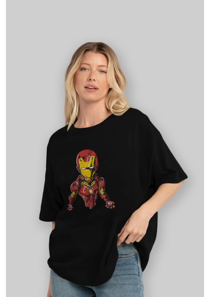 Iron Man Ön Baskılı Siyah Oversize T-Shirt Bisiklet Yaka Erkek Kadın