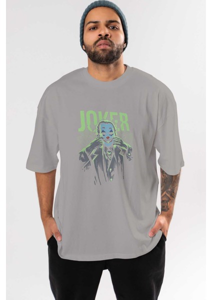 Joker (9) Ön Baskılı Gri Oversize T-Shirt Bisiklet Yaka Pamuk Erkek Kadın
