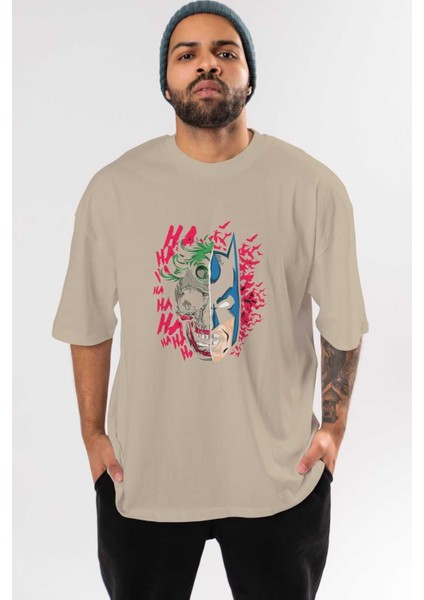 Joker Batman Ön Baskılı Bej Oversize T-Shirt Bisiklet Yaka Pamuk Erkek Kadın