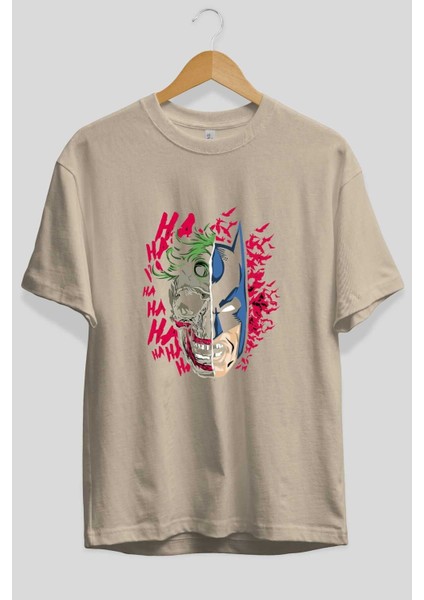 Joker Batman Ön Baskılı Bej Oversize T-Shirt Bisiklet Yaka Pamuk Erkek Kadın fiyatları