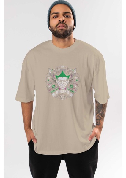 Joker (2) Ön Baskılı Bej Oversize T-Shirt Bisiklet Yaka Pamuk Erkek Kadın