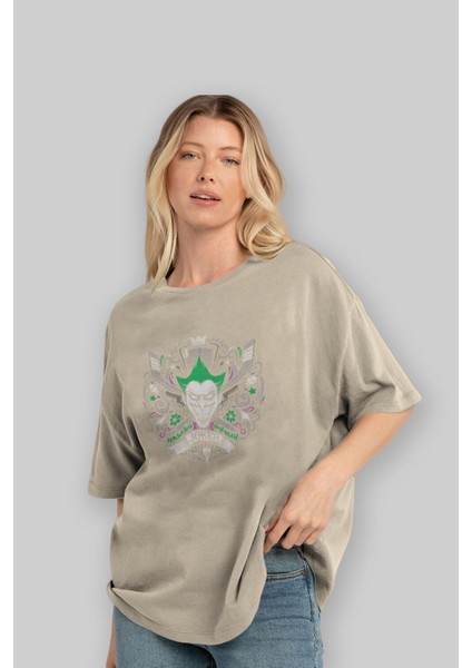 Joker (2) Ön Baskılı Bej Oversize T-Shirt Bisiklet Yaka Pamuk Erkek Kadın fırsatları