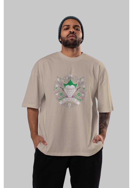 Joker (2) Ön Baskılı Bej Oversize T-Shirt Bisiklet Yaka Pamuk Erkek Kadın indirimleri