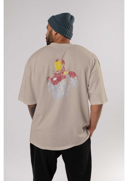 Iron Man (2) Arka Baskılı Bej Oversize T-Shirt Bisiklet Yaka Pamuk Erkek Kadın