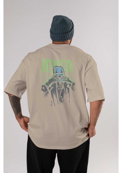 Joker (9) Arka Baskılı Bej Oversize T-Shirt Bisiklet Yaka Pamuk Erkek Kadın