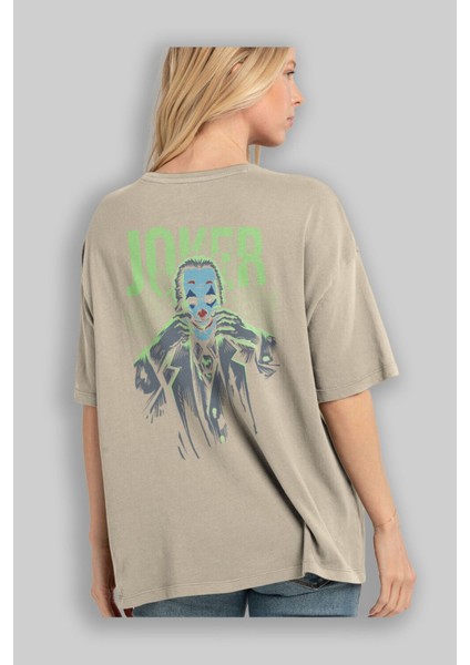 Joker (9) Arka Baskılı Bej Oversize T-Shirt Bisiklet Yaka Pamuk Erkek Kadın modelleri