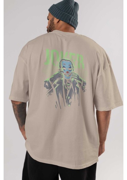 Joker (9) Arka Baskılı Bej Oversize T-Shirt Bisiklet Yaka Pamuk Erkek Kadın indirimleri