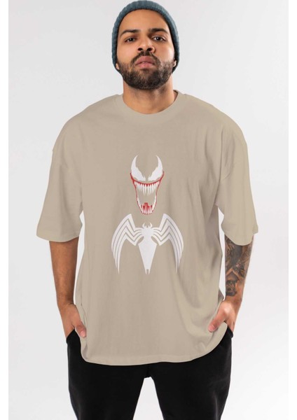 Spiderman (26) Ön Baskılı Bej Oversize T-Shirt Bisiklet Yaka Pamuk Erkek Kadın