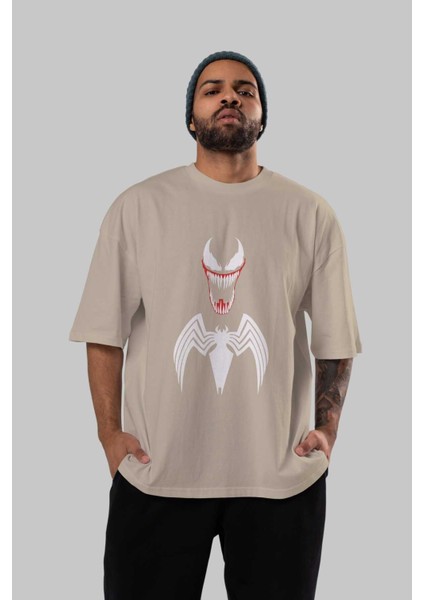 Spiderman (26) Ön Baskılı Bej Oversize T-Shirt Bisiklet Yaka Pamuk Erkek Kadın