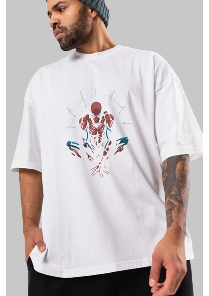 Spiderman (15) Ön Baskılı Beyaz Oversize T-Shirt Bisiklet Yaka Erkek Kadın modelleri