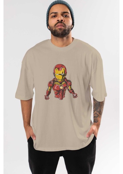 Iron Man Ön Baskılı Bej Oversize T-Shirt Bisiklet Yaka Pamuk Erkek Kadın