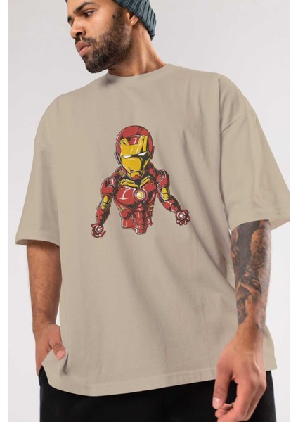 Iron Man Ön Baskılı Bej Oversize T-Shirt Bisiklet Yaka Pamuk Erkek Kadın