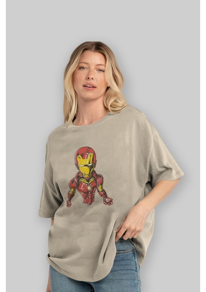 Iron Man Ön Baskılı Bej Oversize T-Shirt Bisiklet Yaka Pamuk Erkek Kadın