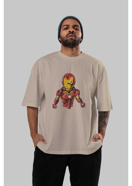 Iron Man Ön Baskılı Bej Oversize T-Shirt Bisiklet Yaka Pamuk Erkek Kadın