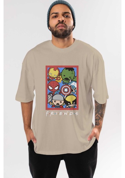 Friends Avenger Ön Baskılı Bej Oversize T-Shirt Bisiklet Yaka Pamuk Erkek Kadın