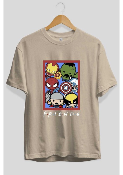 Friends Avenger Ön Baskılı Bej Oversize T-Shirt Bisiklet Yaka Pamuk Erkek Kadın fiyatları