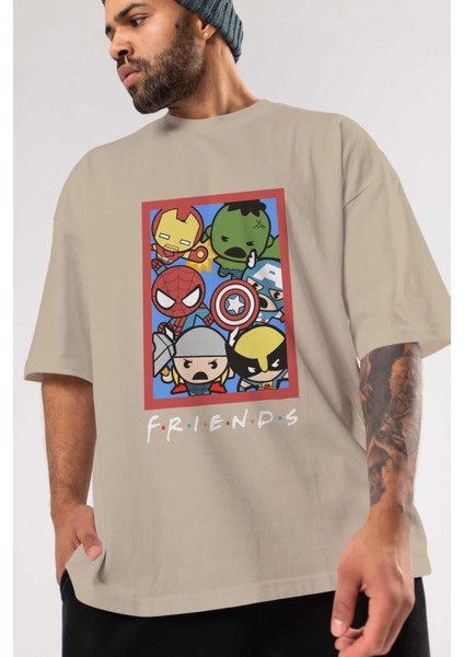 Friends Avenger Ön Baskılı Bej Oversize T-Shirt Bisiklet Yaka Pamuk Erkek Kadın modelleri