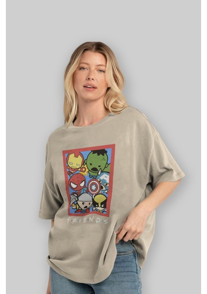 Friends Avenger Ön Baskılı Bej Oversize T-Shirt Bisiklet Yaka Pamuk Erkek Kadın fırsatları