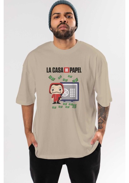 La Casa De Papel (4) Ön Baskılı Bej Oversize T-Shirt Bisiklet Yaka Pamuk Erkek Kadın