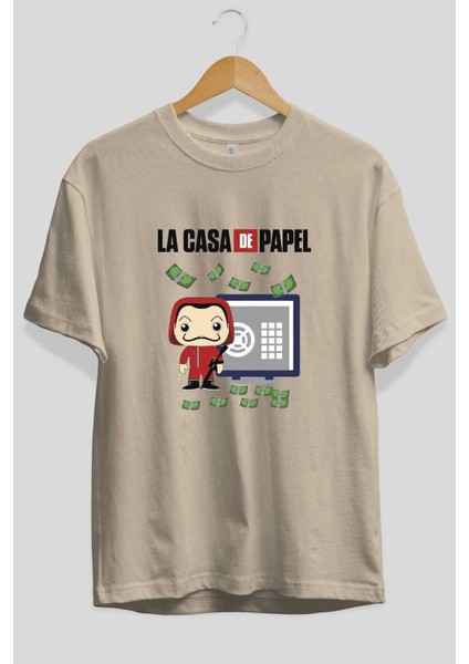 La Casa De Papel (4) Ön Baskılı Bej Oversize T-Shirt Bisiklet Yaka Pamuk Erkek Kadın fiyatları
