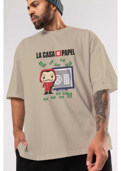 La Casa De Papel (4) Ön Baskılı Bej Oversize T-Shirt Bisiklet Yaka Pamuk Erkek Kadın modelleri
