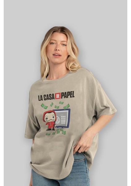 La Casa De Papel (4) Ön Baskılı Bej Oversize T-Shirt Bisiklet Yaka Pamuk Erkek Kadın fırsatları