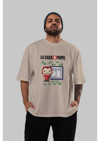 La Casa De Papel (4) Ön Baskılı Bej Oversize T-Shirt Bisiklet Yaka Pamuk Erkek Kadın indirimleri