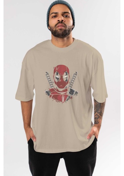 Deadpool (4) Ön Baskılı Bej Oversize T-Shirt Bisiklet Yaka Pamuk Erkek Kadın