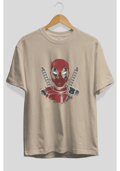 Deadpool (4) Ön Baskılı Bej Oversize T-Shirt Bisiklet Yaka Pamuk Erkek Kadın fiyatları