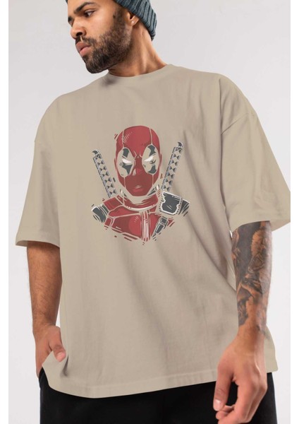Deadpool (4) Ön Baskılı Bej Oversize T-Shirt Bisiklet Yaka Pamuk Erkek Kadın modelleri