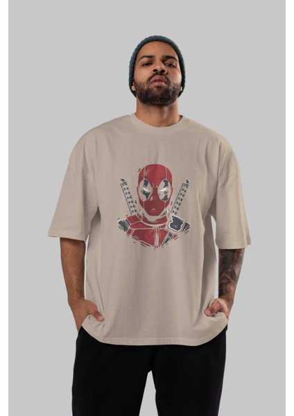 Deadpool (4) Ön Baskılı Bej Oversize T-Shirt Bisiklet Yaka Pamuk Erkek Kadın indirimleri