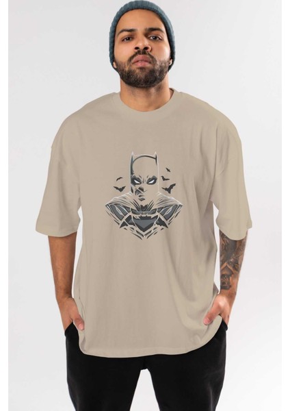 Batman (22) Ön Baskılı Bej Oversize T-Shirt Bisiklet Yaka Pamuk Erkek Kadın