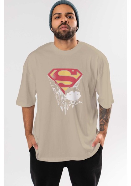 Superman Ön Baskılı Bej Oversize T-Shirt Bisiklet Yaka Pamuk Erkek Kadın