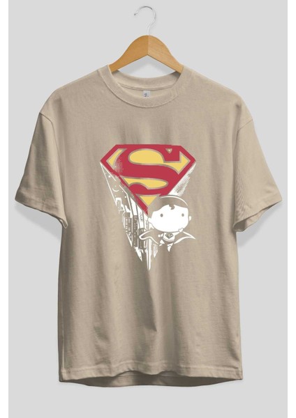 Superman Ön Baskılı Bej Oversize T-Shirt Bisiklet Yaka Pamuk Erkek Kadın fiyatları