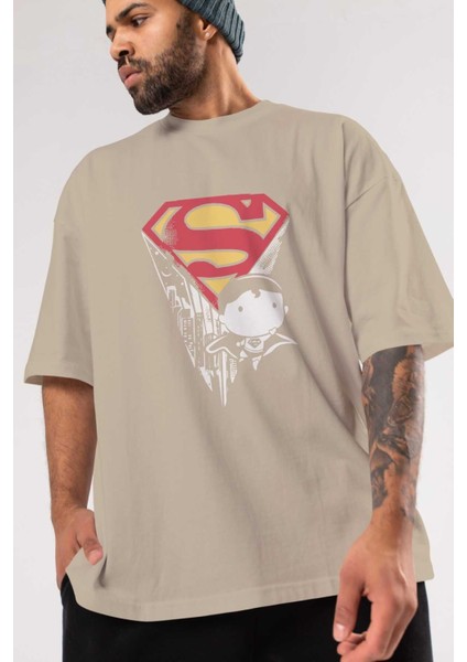 Superman Ön Baskılı Bej Oversize T-Shirt Bisiklet Yaka Pamuk Erkek Kadın modelleri
