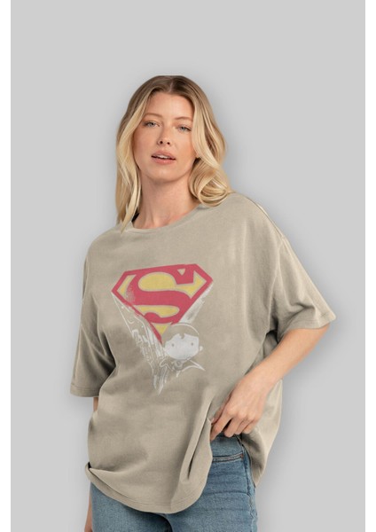 Superman Ön Baskılı Bej Oversize T-Shirt Bisiklet Yaka Pamuk Erkek Kadın fırsatları