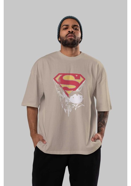 Superman Ön Baskılı Bej Oversize T-Shirt Bisiklet Yaka Pamuk Erkek Kadın indirimleri