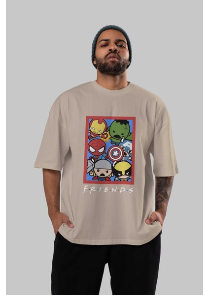 Friends Avenger Ön Baskılı Bej Oversize T-Shirt Bisiklet Yaka Pamuk Erkek Kadın indirimleri
