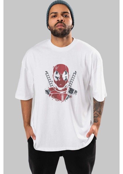 Deadpool (4) Ön Baskılı Beyaz Oversize T-Shirt Bisiklet Yaka Erkek Kadın