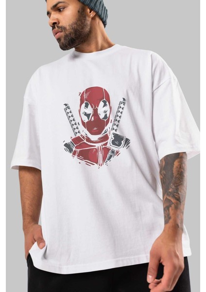 Deadpool (4) Ön Baskılı Beyaz Oversize T-Shirt Bisiklet Yaka Erkek Kadın modelleri