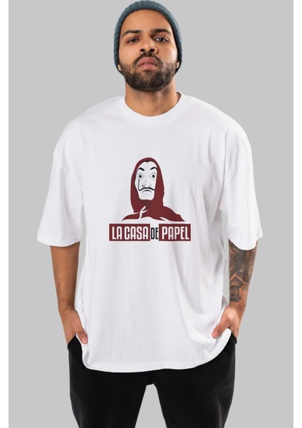 La Casa De Papel (1) Ön Baskılı Beyaz Oversize T-Shirt Bisiklet Yaka Erkek Kadın