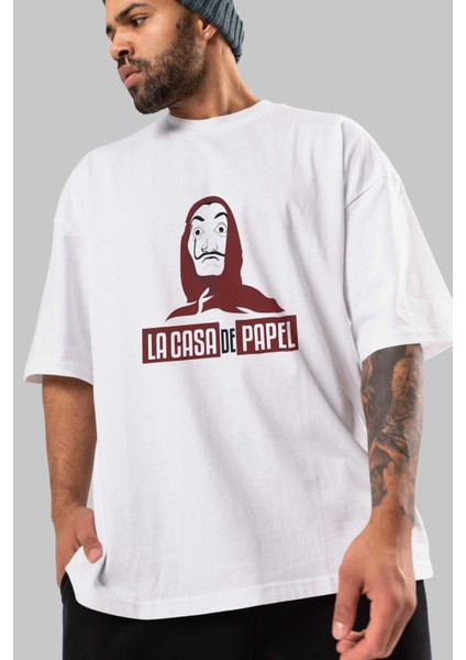 La Casa De Papel (1) Ön Baskılı Beyaz Oversize T-Shirt Bisiklet Yaka Erkek Kadın modelleri