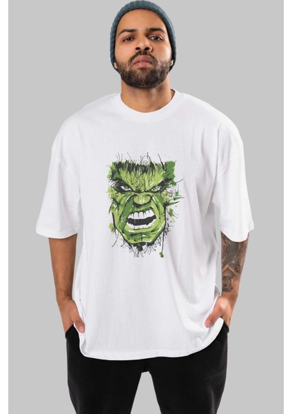 Hulk (4) Ön Baskılı Beyaz Oversize T-Shirt Bisiklet Yaka Erkek Kadın